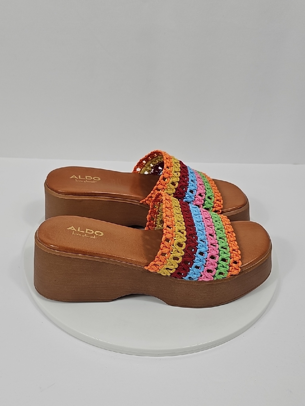 NIB Aldo Yassu Rainbow Crochet Platform Slide Sandals Crochet Multicolor Brown 7 - Picture 5 of 13